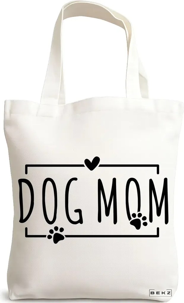 Sacosa de Panza pentru Cumparaturi, Geanta Tote, model Dog Mom 2 38 x 34.5 cm, Alba, BEKZ®