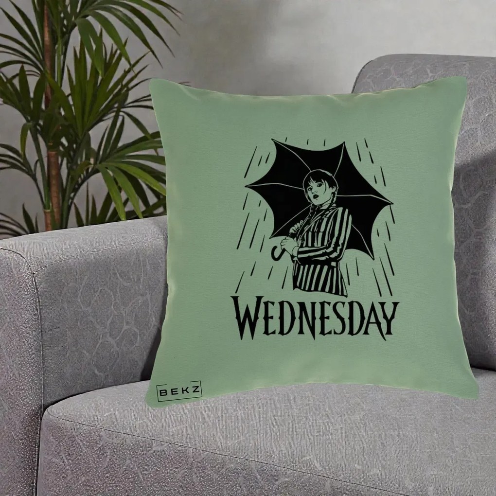Perna Personalizata Wednesday cu Umbrela Ploaie Lineart, 40x40 cm, Verde, Husa Detasabila, Perna Inclusa, BEKZ®