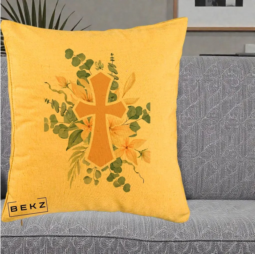 Perna Personalizata Cruce Florala Botez, 40x40 cm, Galben, Husa Detasabila, Perna Inclusa, BEKZ®
