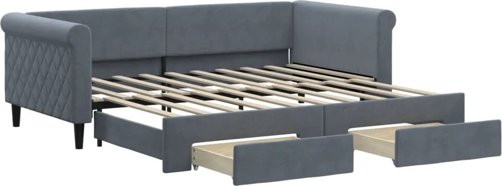 vidaXL Pat de zi cu extensie și sertare, gri închis, 90x190cm catifea