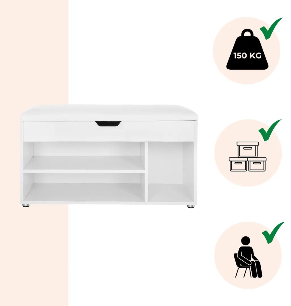 Pantofar cu bancă și spațiu de depozitare LUJZA, 80x30x44cm, alb Jurhan