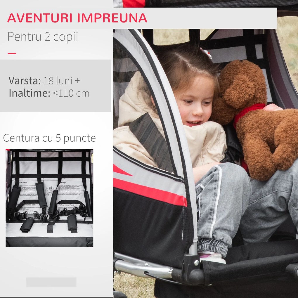 HOMCOM Remorca Bicicleta 2 in 1 pentru Copii cu Centura 5 Puncte si Accesorii Siguranta, Rosu | Aosom Romania