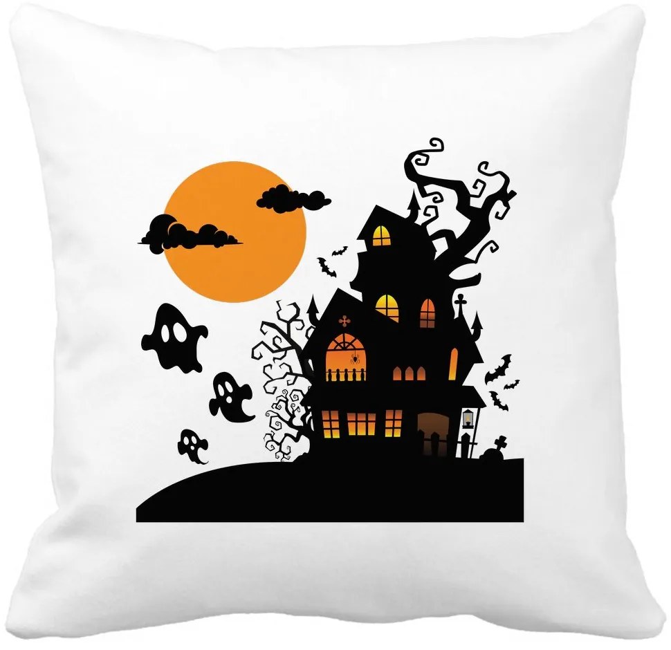 Perna Decorativa cu motiv de Halloween 4, 40x40 cm, Alba, Mata, Husa Detasabila, Burduf