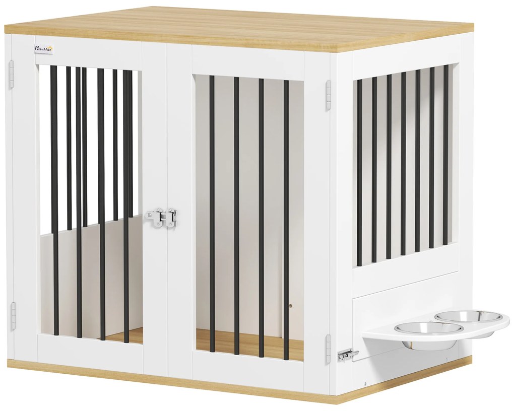 PawHut Cușcă pentru câini, masă de cafea, boluri mobile rotative la 360°, 2 uși pentru câine de talie medie 80x55x71,5 cm alb | Aosom Romania