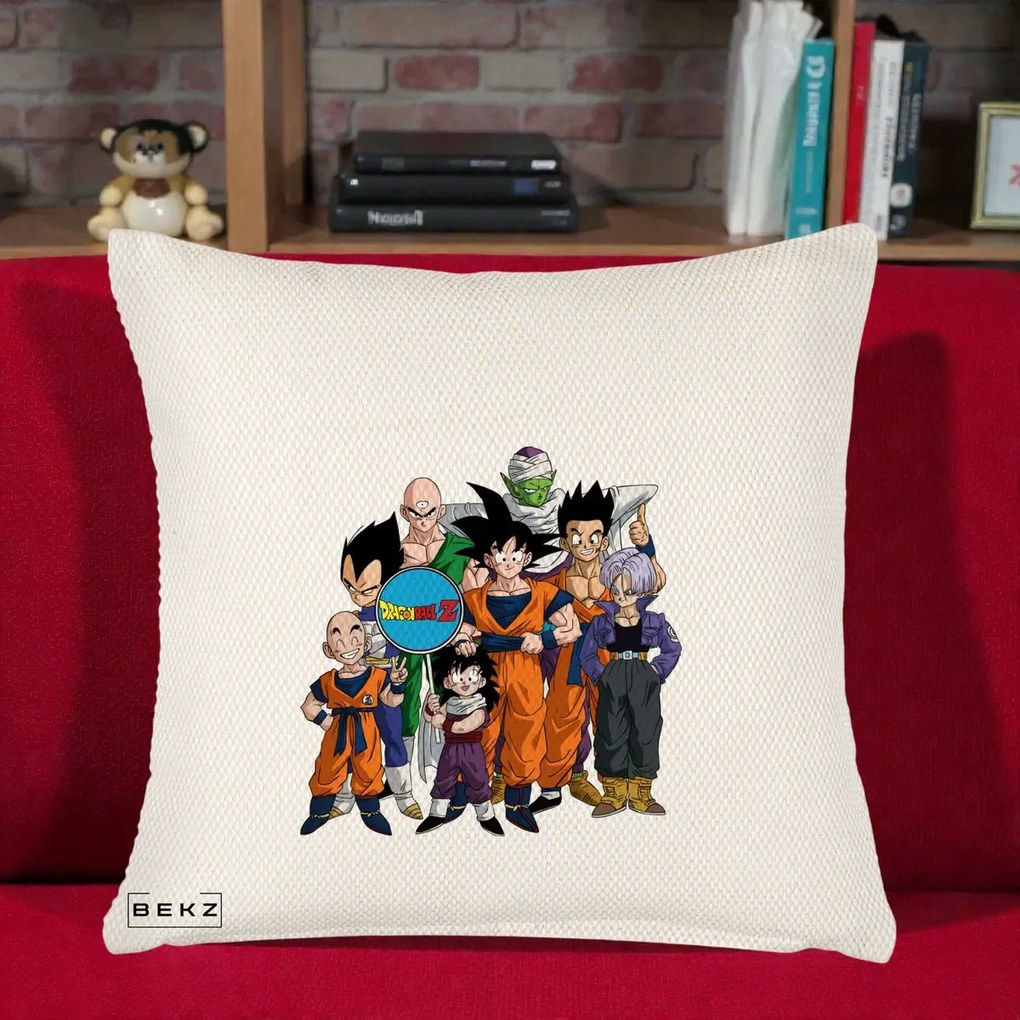 Perna Personalizata Dragon Ball Z Grup Complet, 40x40 cm, Crem Reliefat, Husa Detasabila, Perna Inclusa, BEKZ®