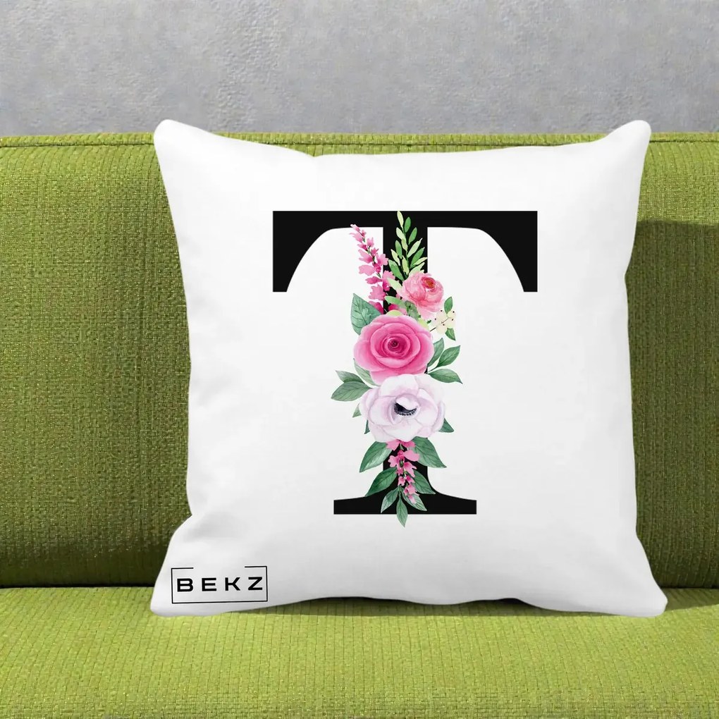 Cadou Personalizat - Perna Personalizata Monograma Florala Litera T, 40x40 cm, Alba Mata, Husa Detasabila, Perna Inclusa, BEKZ®