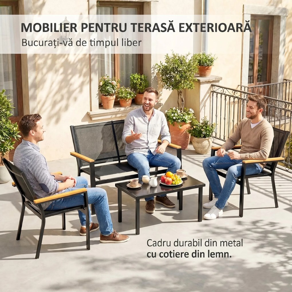 Outsunny Set Mobilier Exterior, Rezistent la Rugină, 4 Piese, Negru | Aosom Romania