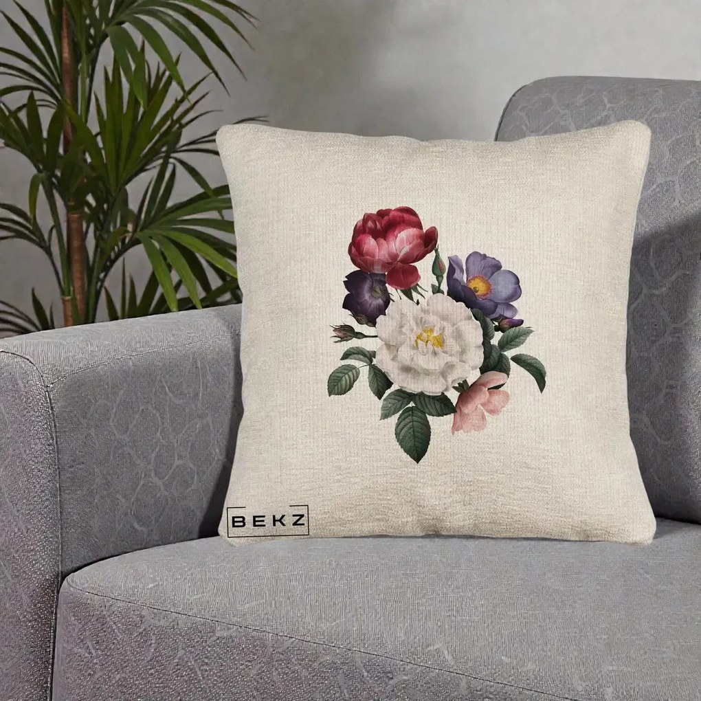 Perna Decorativa Buchet Trandafiri Bujori Botanical, 40x40 cm, Bej Canapea, Husa Detasabila, Perna Inclusa, BEKZ®