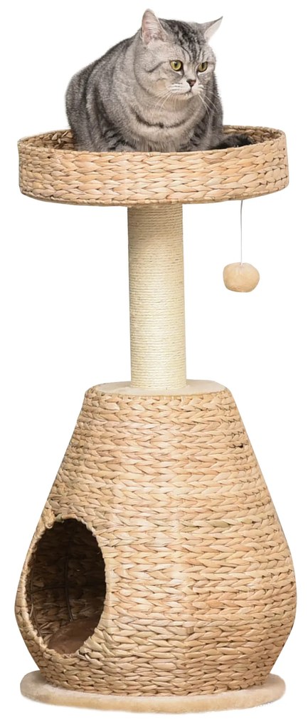 PawHut Pom de Zgariere pentru Pisici Kätzchen Möbel cu Cuib pentru Pisici Jucărie pentru Bile Sisal Pluș Moale Înălțime 82,5 cm Galben | Aosom Romania