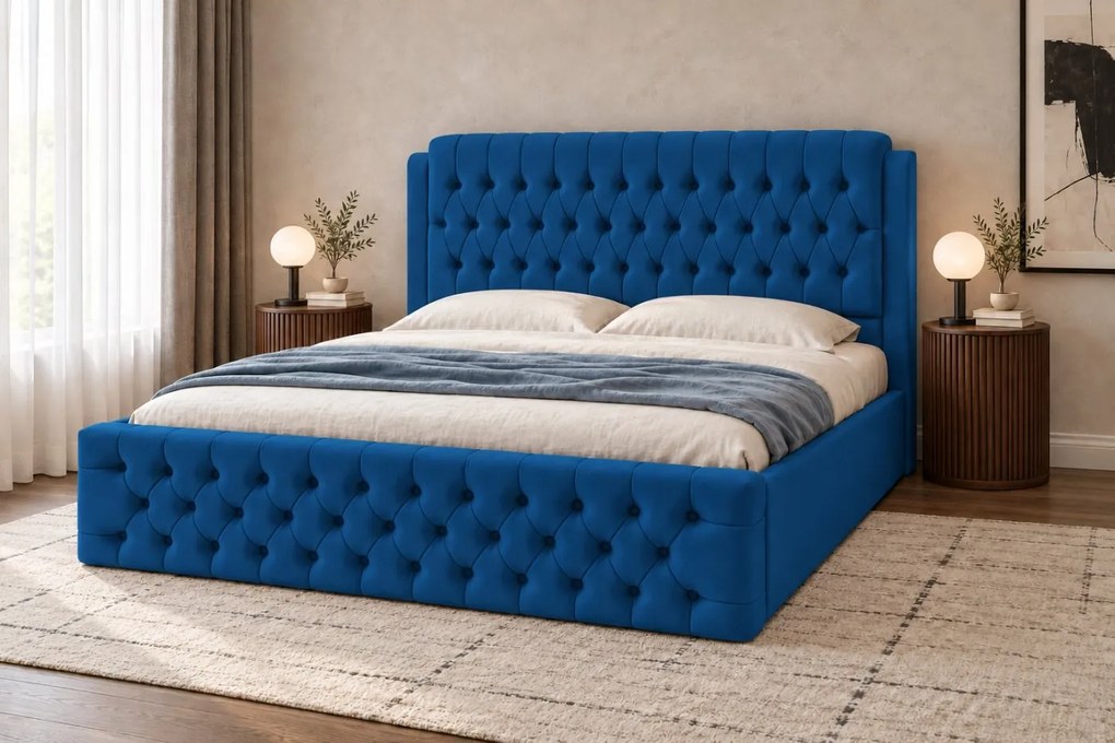 Pat tapițat din catifea Aveline 160×200 cm, albastru, cu ladă de depozitare