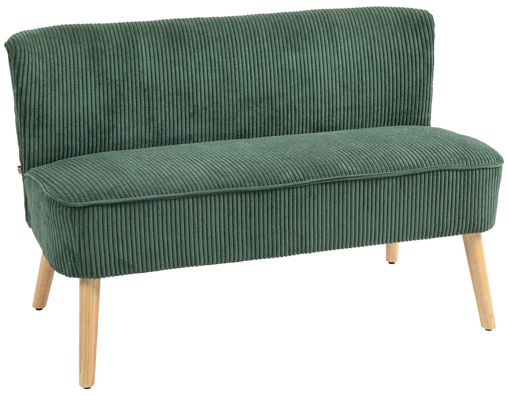 HOMCOM Canapea de 2 locuri tapițată, lemn, material textil cu aspect de catifea, spumă, 117 x 56,5 x 77 cm, Verde | Aosom Romania