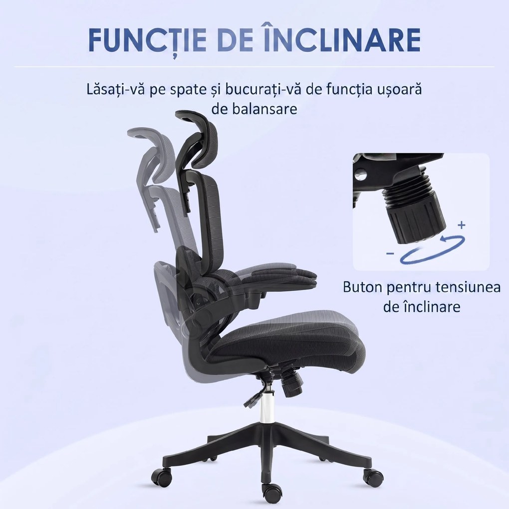 Vinsetto Scaun Ergonomic de Birou cu Spătar Reglabil Tetieră Cotiere Suport Lombar Funcție de Rotire Negru | Aosom Romania