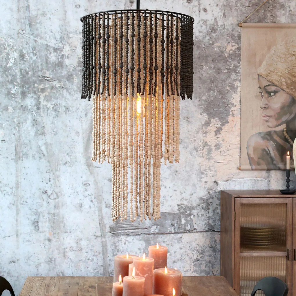 Candelabru din margele de lemn si sfoara de iuta, H90/D50cm