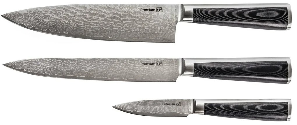 Set de cuțite G21 Damascus Premium în bloc de bambus, 3 bucăți + piatră de ascuțit