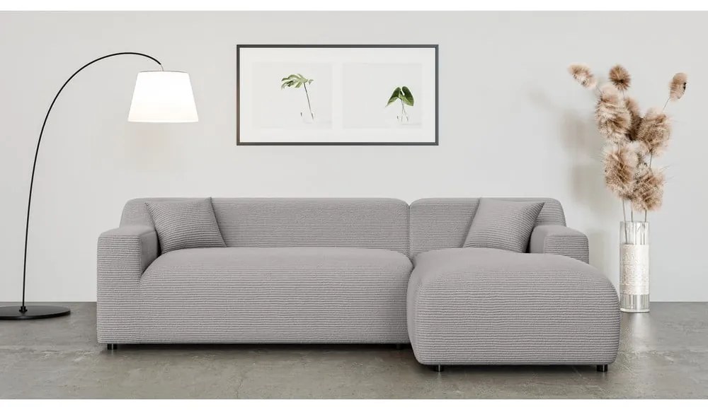 Colțar gri deschis cu tapițerie din catifea reiată (cu colț pe partea dreaptă, cu șezlong) Martin – Ropez