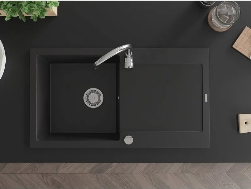 Mexen Leo chiuvetă de granit cu 1 cuvă și scurgător 900 x 500 mm, negru, sifon crom - 6501901010-77
