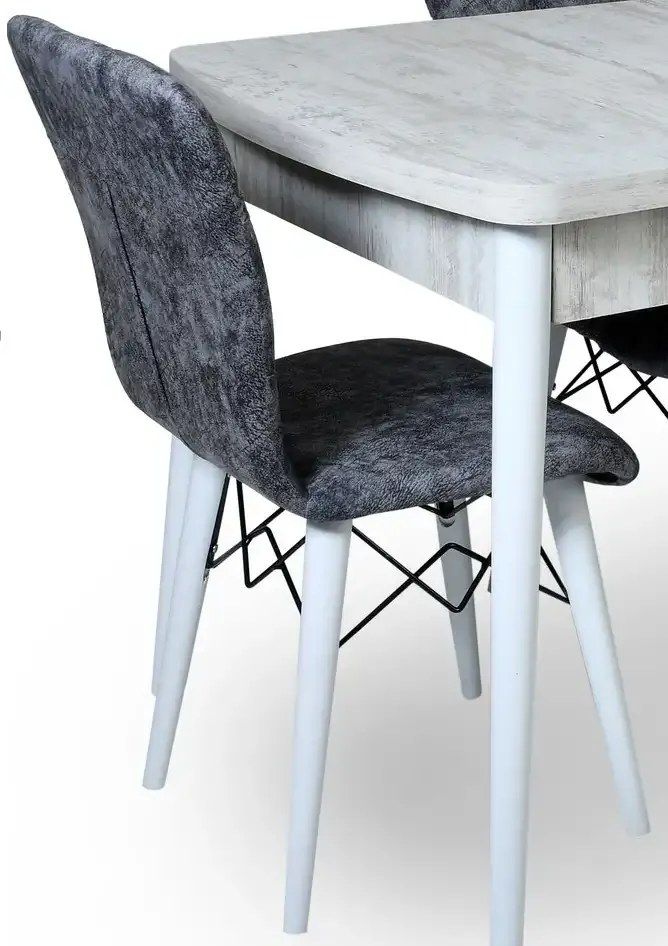 Set masa extensibila cu 4 scaune tapitate Homs cristal  bej-gri-picior-alb-170 x 80 cm