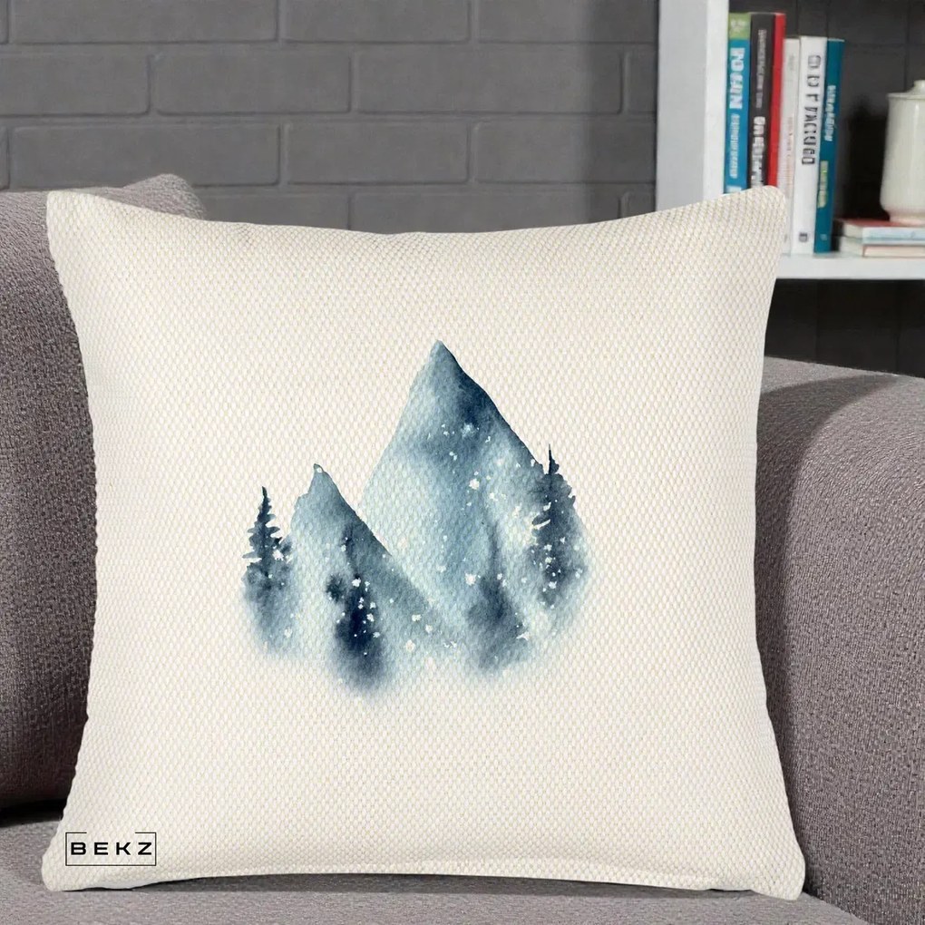Perna Decorativa Munti Inzapeziti Acuarela Indigo, 40x40 cm, Crem Reliefat, Husa Detasabila, Perna Inclusa, BEKZ®