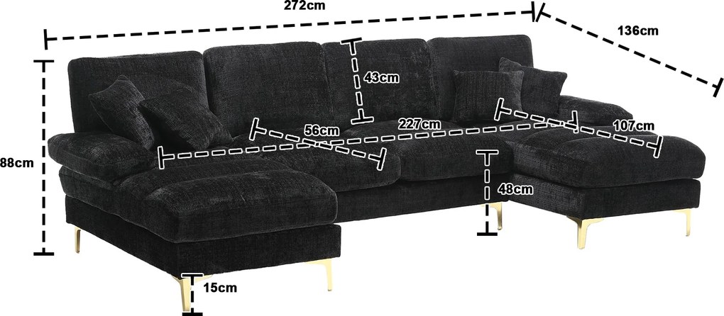 Canapea modulară mare, modernă, în formă de U, din chenille, cu dublu șezlong rabatabil, Negru