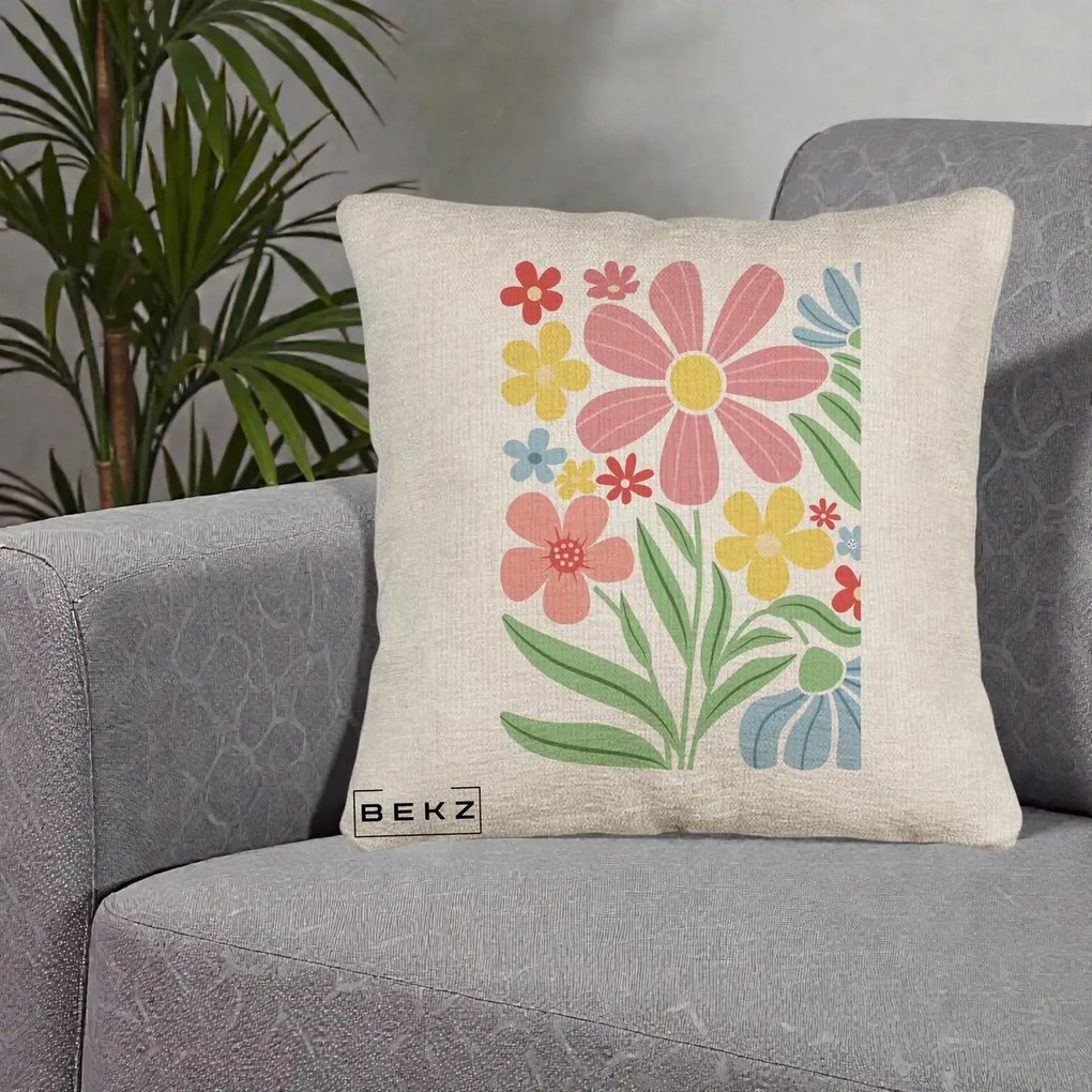 Perna Decorativa Flori Grafice Roz Pastel, 40x40 cm, Bej Canapea, Husa Detasabila, Perna Inclusa, BEKZ®