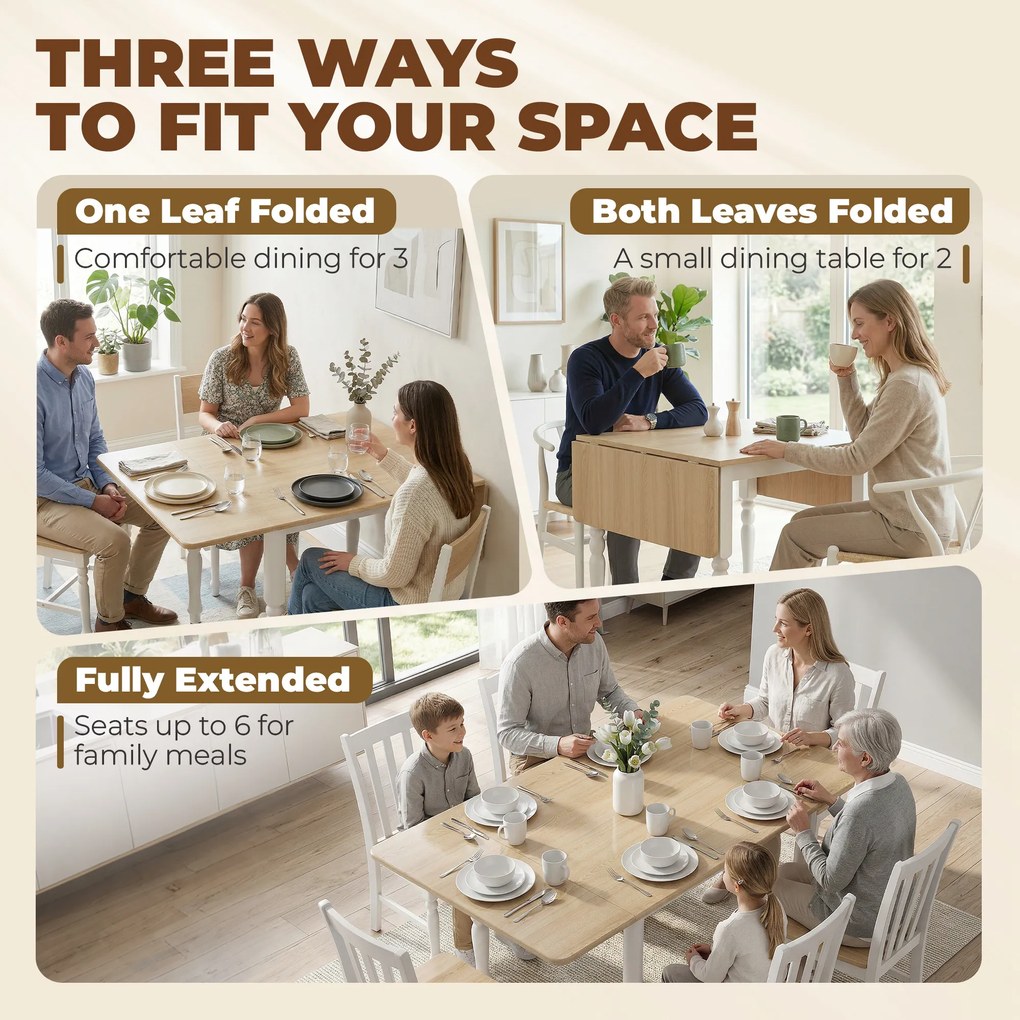 HOMCOM Masă Pliabilă pentru 2-6 Persoane, Extensibilă, Efect de Lemn, Finisaj Natural | Aosom Romania