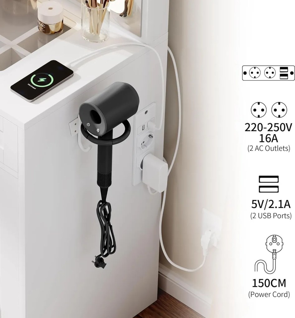 Masuta machiaj cu Oglinda LED si 2 Sertare pentru Cosmetice, Set Masa toaleta 90 cm, Alb, masuta cosmetica, vanity - SEA498