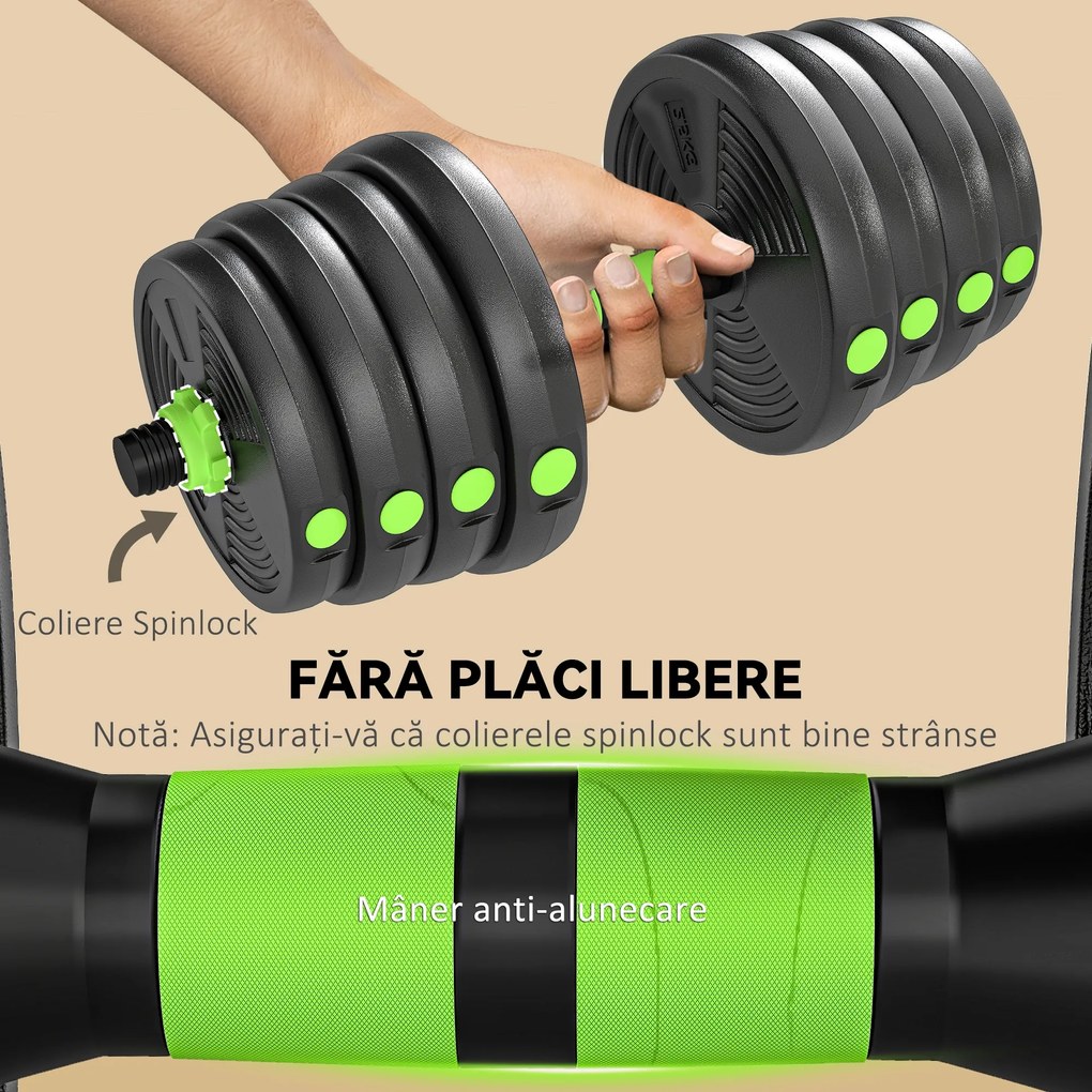 SPORTNOW Set Bară cu Greutăți 3 în 1 cu 16 Discuri din Plastic și Nisip Verde | Aosom Romania