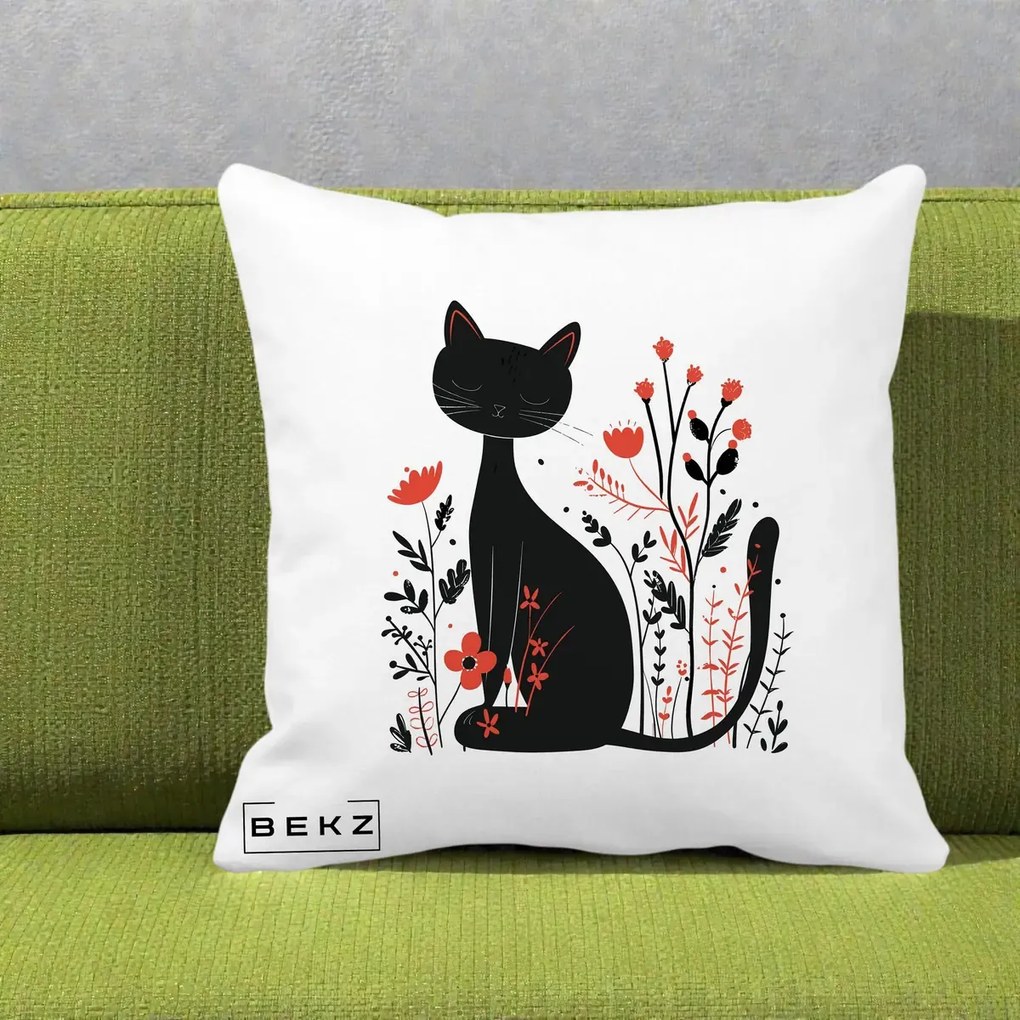 Perna Decorativa Pisica Neagra Flori Rosii Folk Minimal, 40x40 cm, Alba Mata, Husa Detasabila, Perna Inclusa, BEKZ®