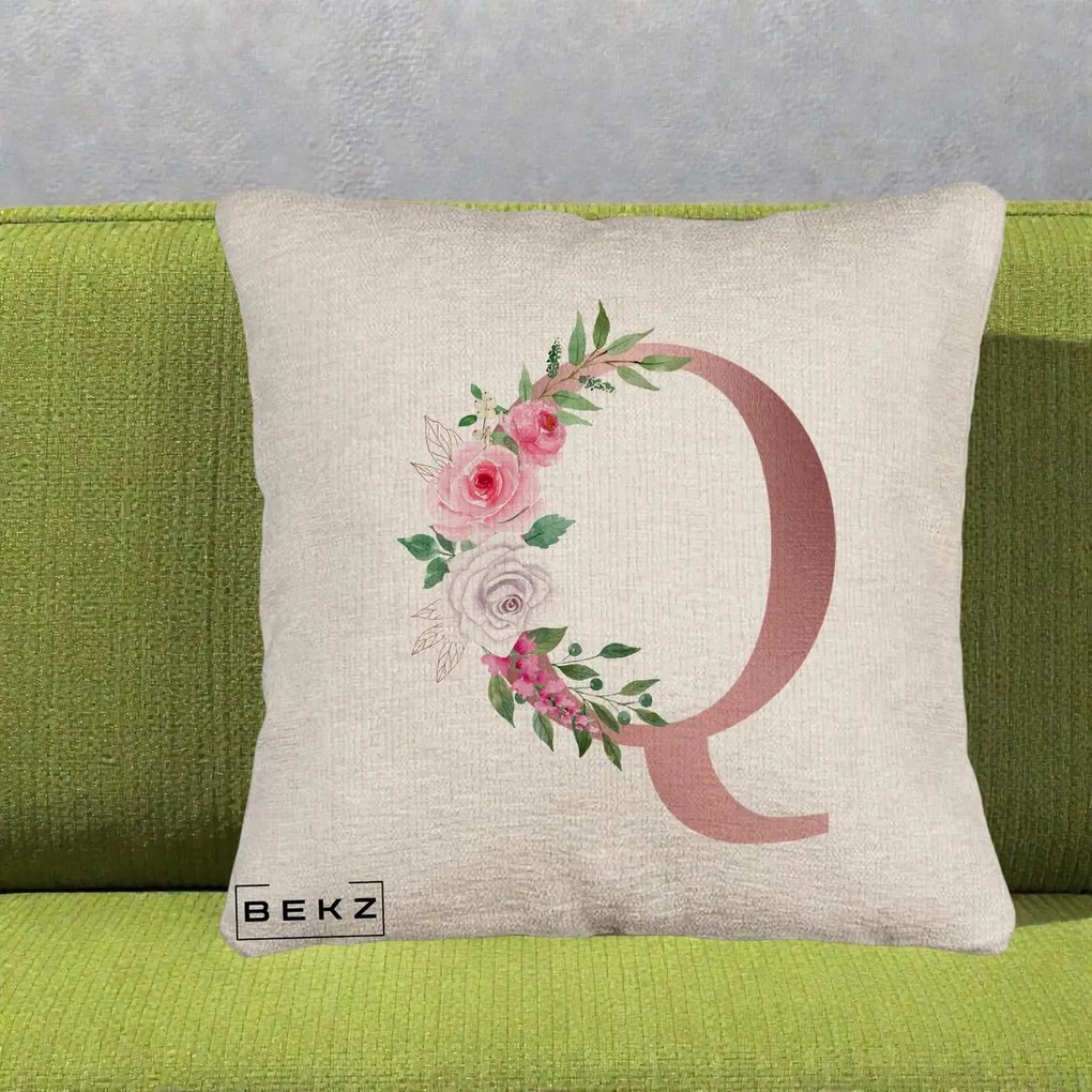 Cadou Personalizat - Perna Personalizata Monograma Rose Gold Litera Q, 40x40 cm, Bej Canapea, Husa Detasabila, Perna Inclusa, BEKZ®