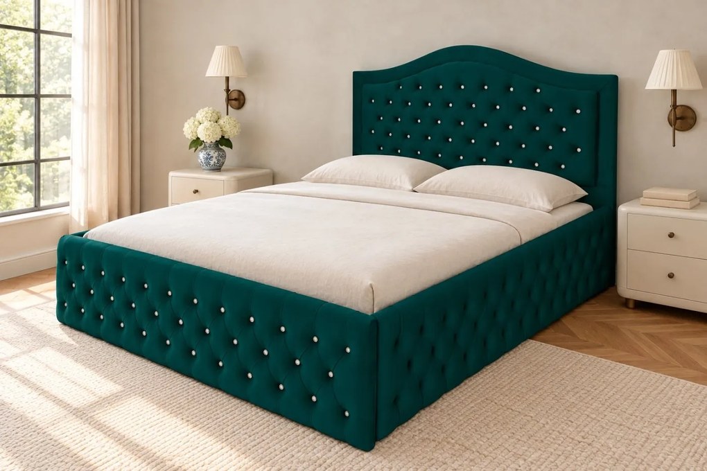Pat tapițat Chesterfield din catifea Solaria Deluxe Cristal 180×200 cm, verde, cu ladă de depozitare