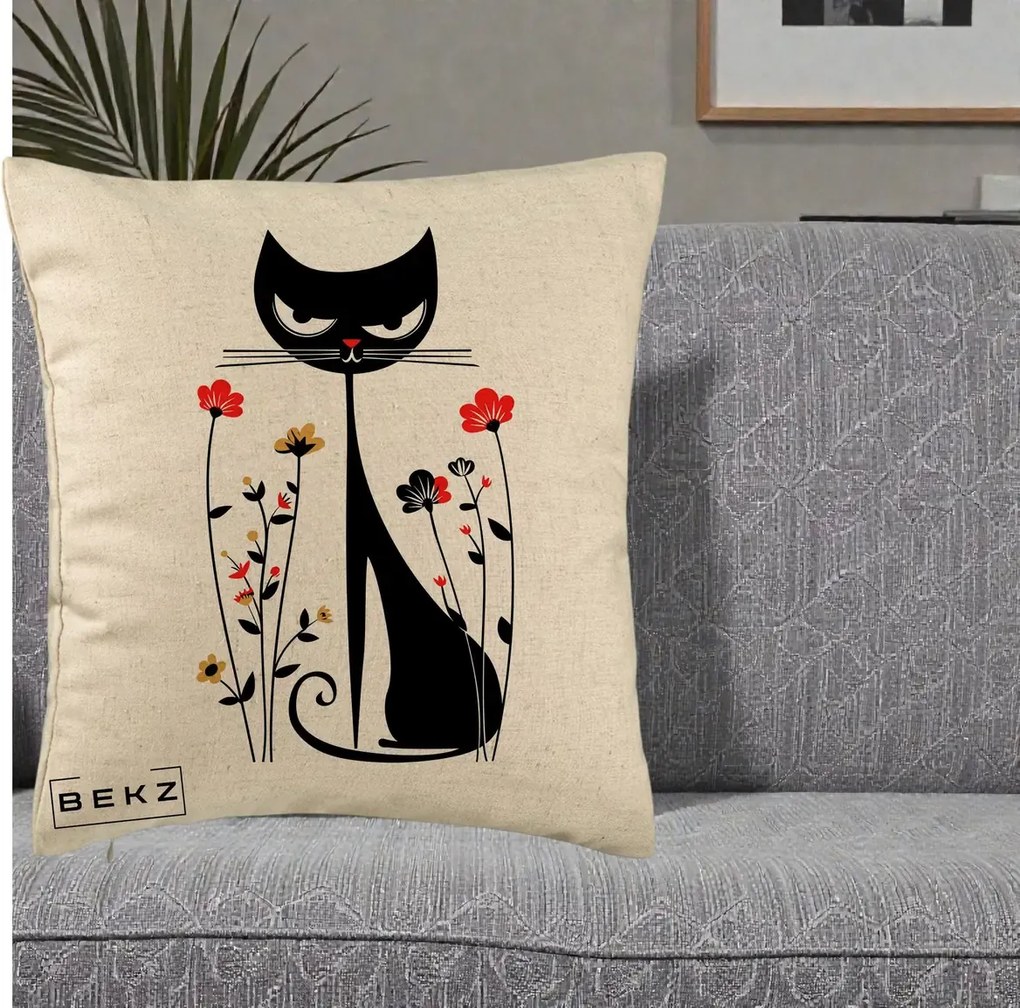 Perna Decorativa Pisica Neagra Grafica Flori Rosii, 40x40 cm, Bej, Husa Detasabila, Perna Inclusa, BEKZ®