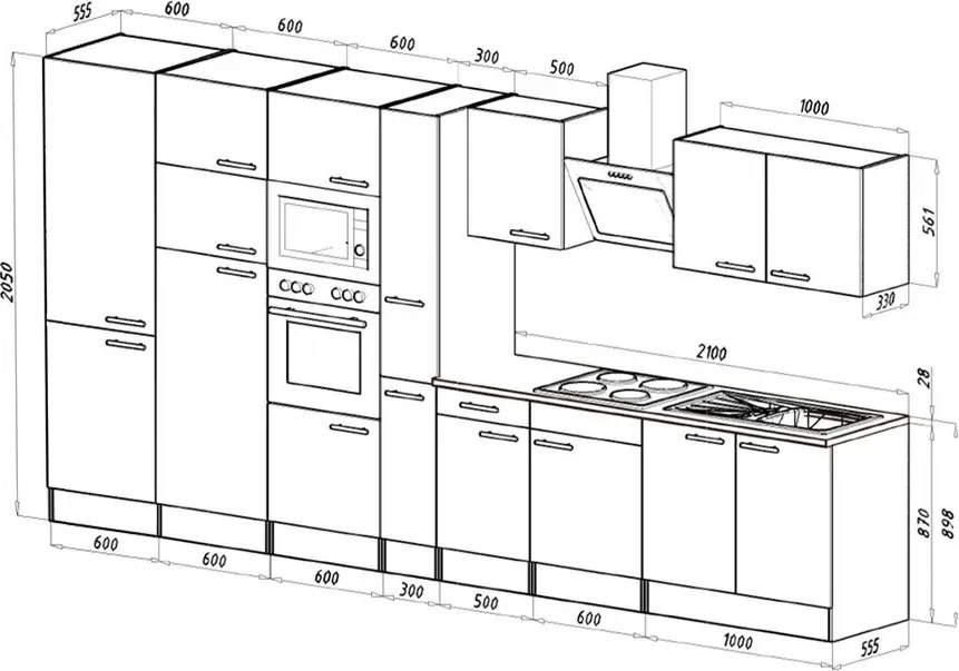 Mobilă de bucătărie Yorki 420, corp din stejar Yorki, față alb satinat, frigider cu congelator superior