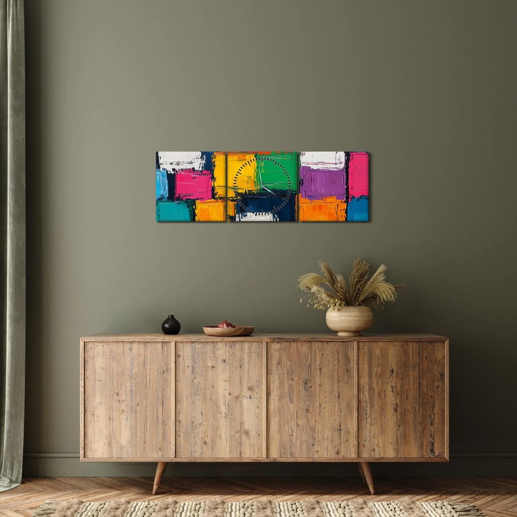 Tablou - Pictură cu pătrate colorate (cu ceas) (90x30 cm)