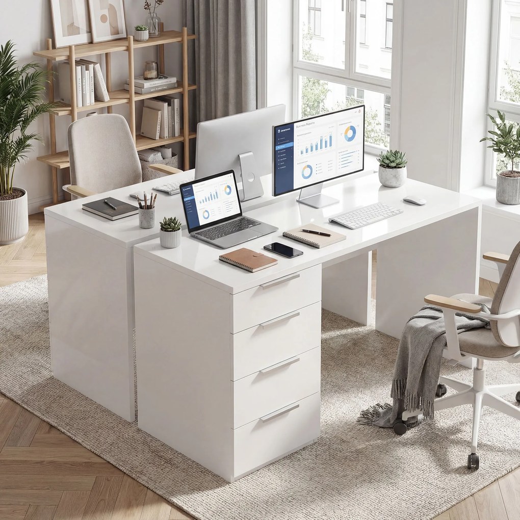 HOMCOM Birou Compact, 110x61.5x75 cm Birou Modern cu 4 Sertare, Masă pentru Computer, Cameră și Birou, Alb Lucios | Aosom Romania
