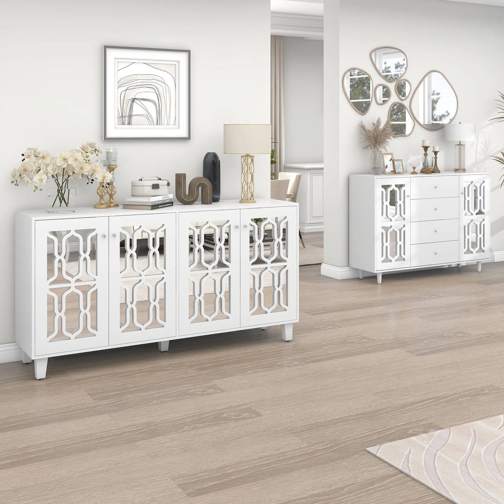 Comodă albă cu oglindă și mânere din cristal, culoare albă | Aosom România