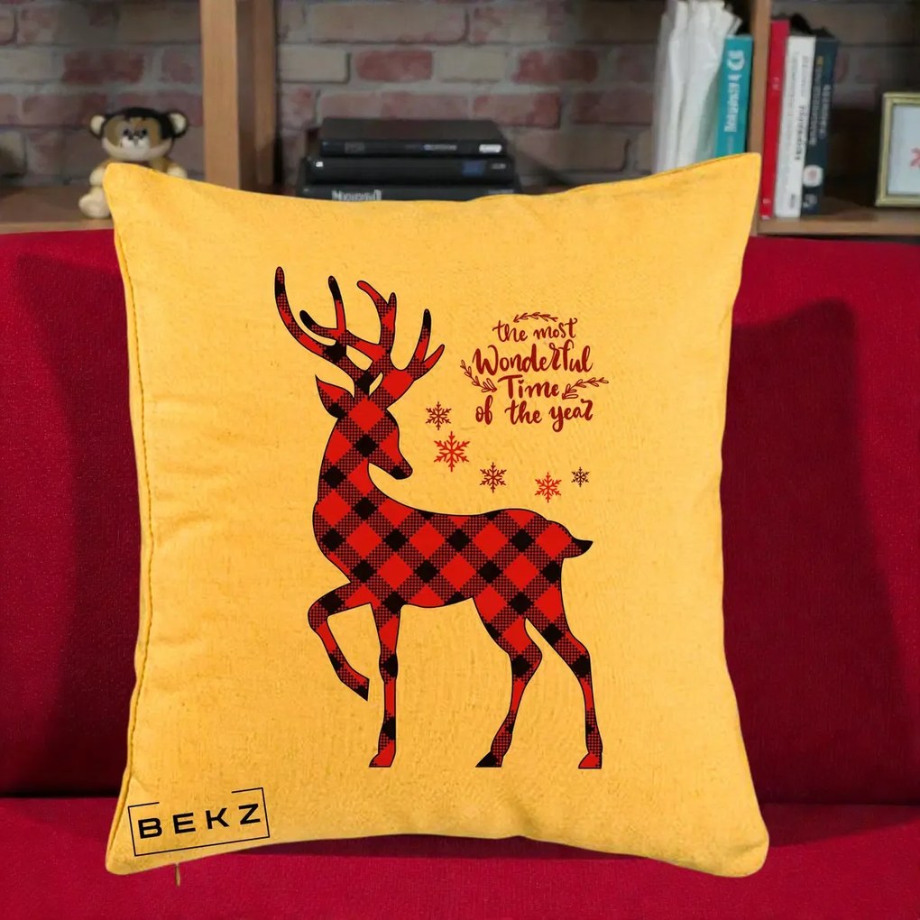 Perna Decorativa Ren Buffalo Plaid Craciun, 40x40 cm, Galben, Husa Detasabila, Perna Inclusa, BEKZ®