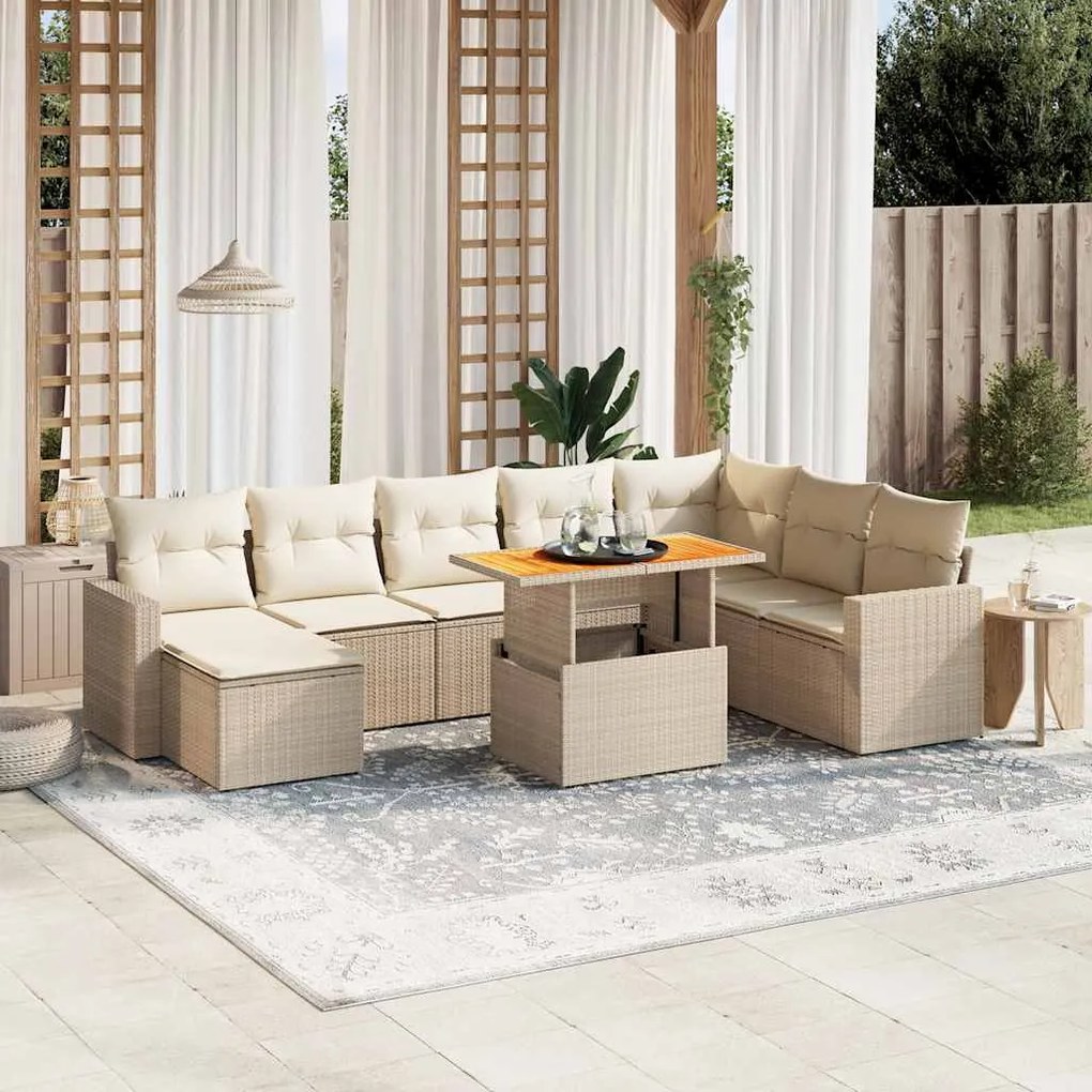 vidaXL Set canapele de grădină, 9 piese, cu perne, bej, poliratan