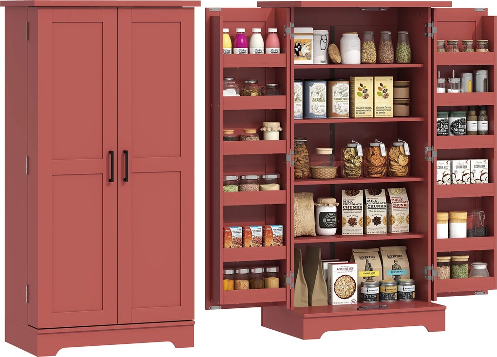 HOMCOM Bufet bucătărie, dulap de bucătărie, 5 niveluri, cu uși și rafturi reglabile, 60l x 40P x 120H cm, aspect lemn, roșu | Aosom Romania