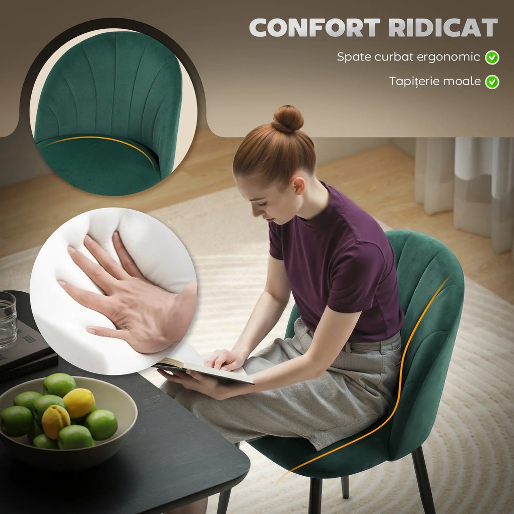 HOMCOM Set de 2 Scaune de Sufragerie din Catifea, Scaune Bucătărie cu Spătar Curbat în Formă de Scoică, Picioare din Metal, Stil Nordic, Scaun Tapițat pentru Bucătărie, Dormitor, Cameră de Zi, Verde Închis | Aosom Romania