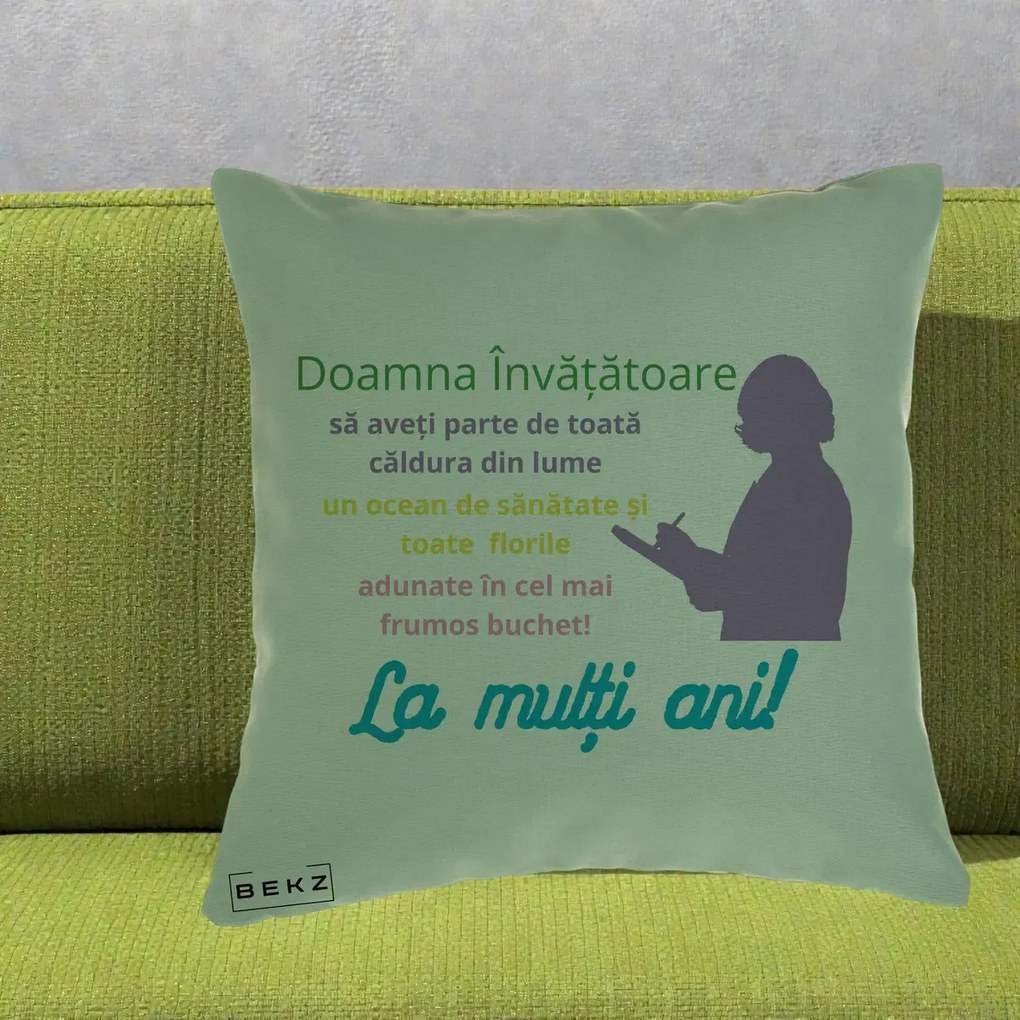 Perna personalizata invatatoare: Doamna invatatoare, La multi ani, 40x40 cm cu Umplutura, Verde, BEKZ