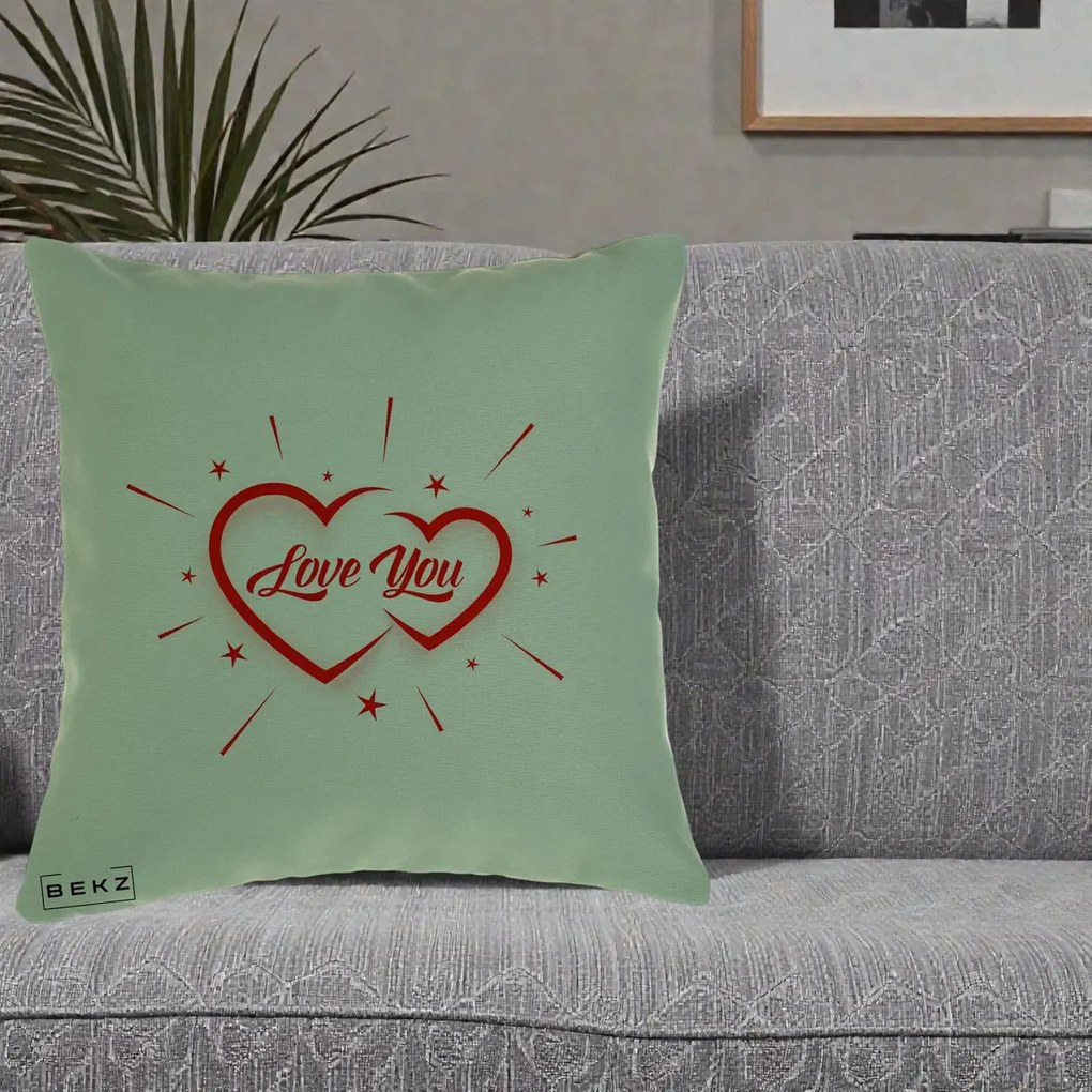 Cadou Romantic - Perna Personalizata Love You Doua Inimi, 40x40 cm, Verde, Husa Detasabila, Perna Inclusa, BEKZ®