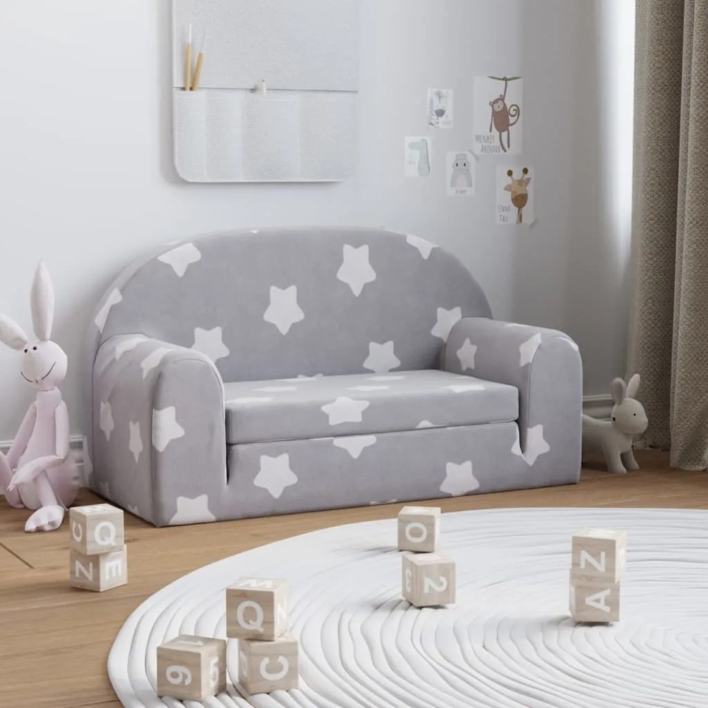 341803 vidaXL Canapea pentru copii 2 locuri, gri deschis cu stele, pluș moale