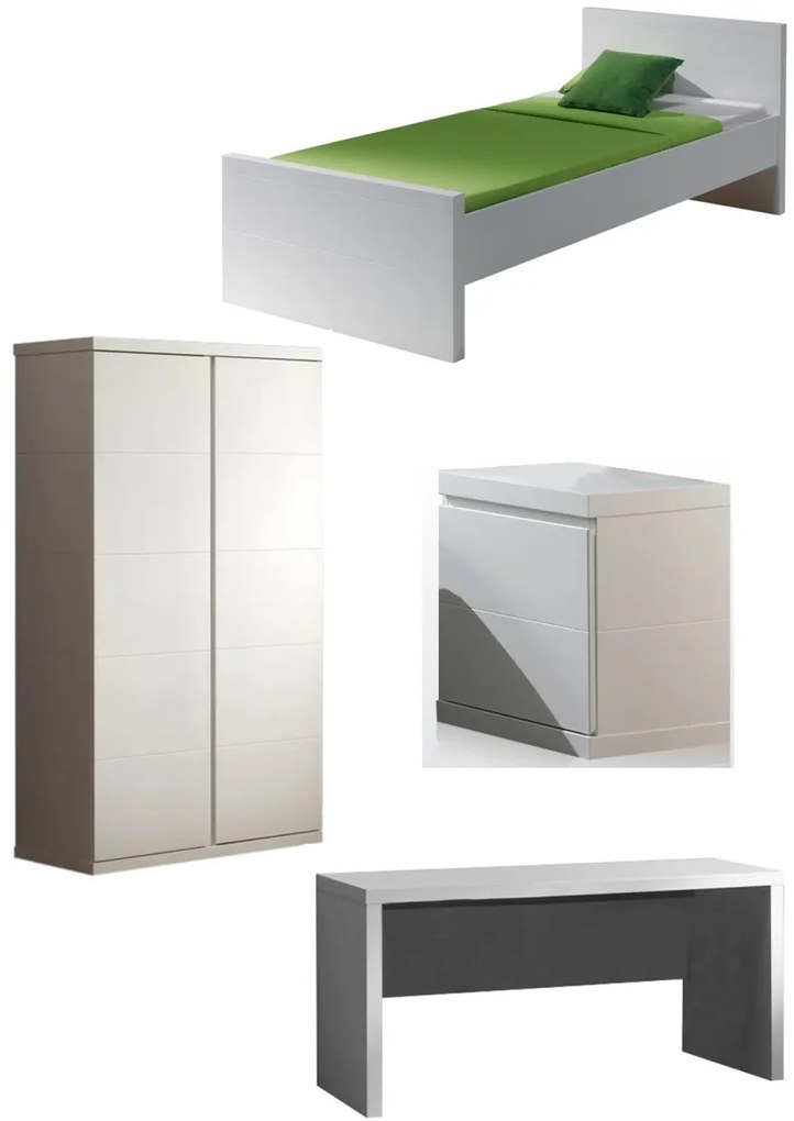 Set Mobilier Cameră Lara pentru Copii/Tineri, Alb – Pat 90x200 cm, Noptieră, Dulap 2 Uși și Birou – Vipack