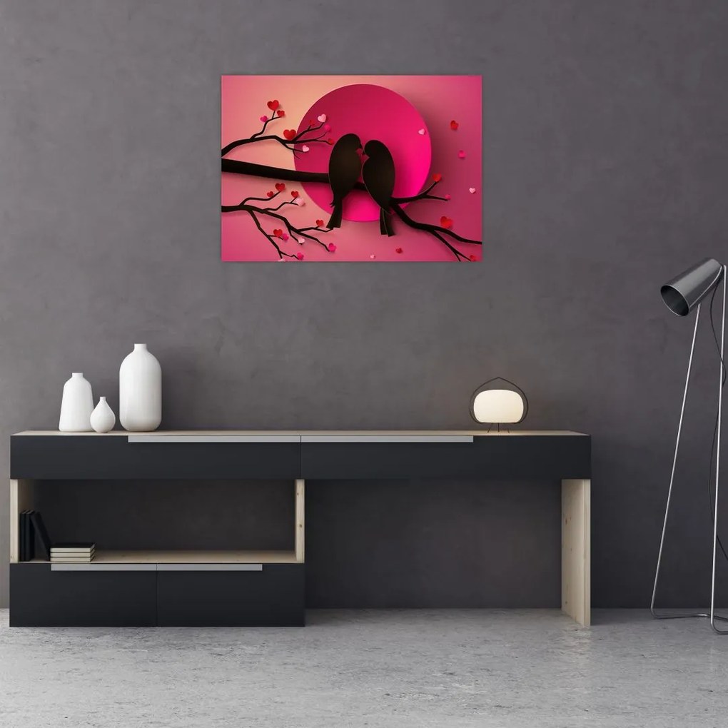 Tablou pe sticlă - Păsări îndrăgostite (70x50 cm)