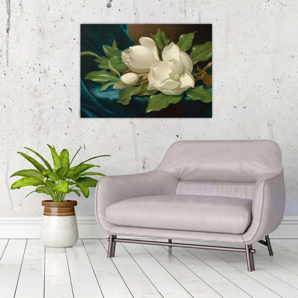 Tablou pe sticlă - Martin Johnson Heade, Giant Magnolias on a Blue Velvet Cloth, reproducere (70x50 cm)