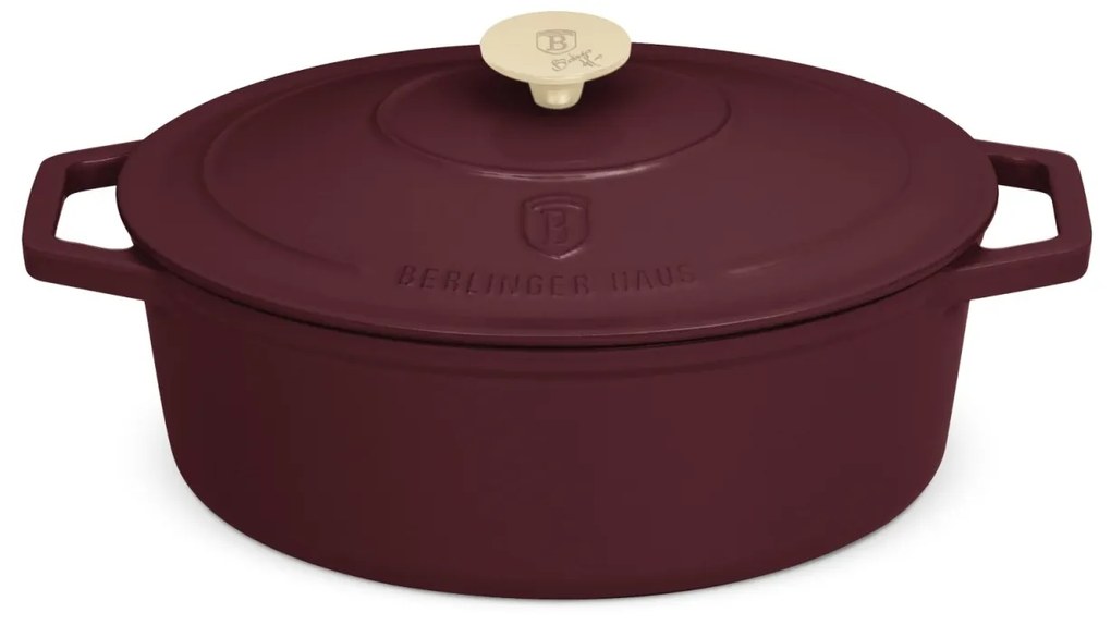 Oală din fontă emailată ovală cu capac 30 cm, 4.65L – Berlinger Haus Leonardo Collection BH 6543, potrivită pentru gătit lent și rumenire