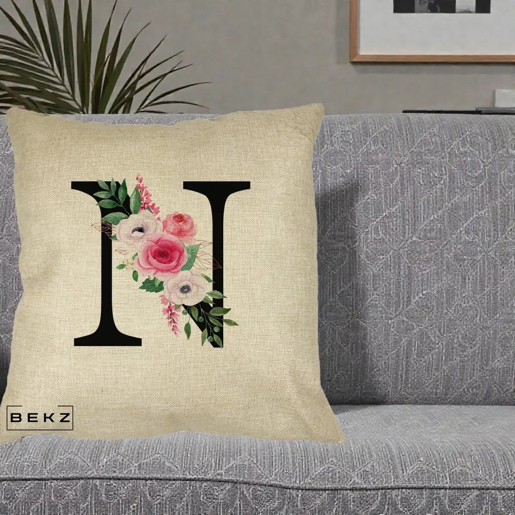 Cadou Personalizat - Perna Personalizata Monograma Florala Litera N, 40x40 cm, Crem, Husa Detasabila, Perna Inclusa, BEKZ®