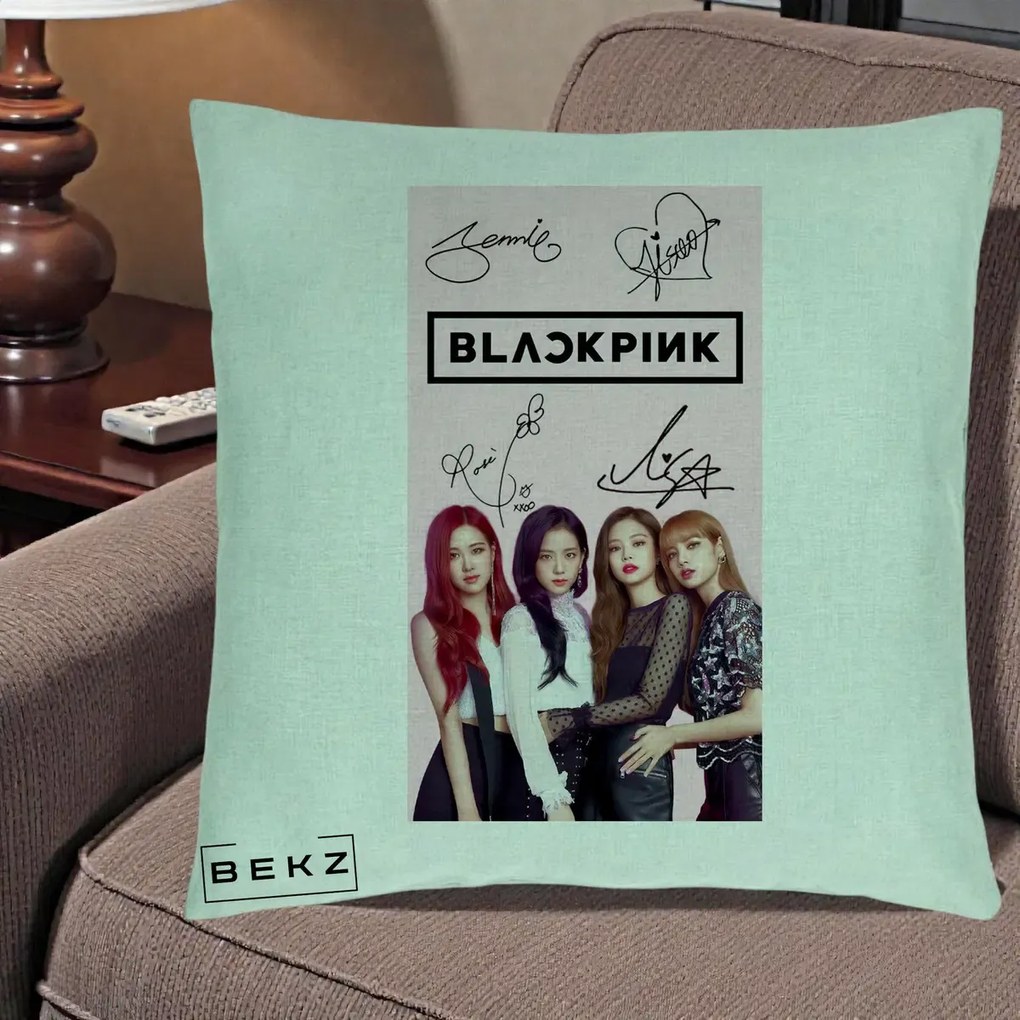 Perna Personalizata K-pop BLACKPINK Semnaturi si Foto, 40x40 cm, Verde Menta, Husa Detasabila, Perna Inclusa, BEKZ®