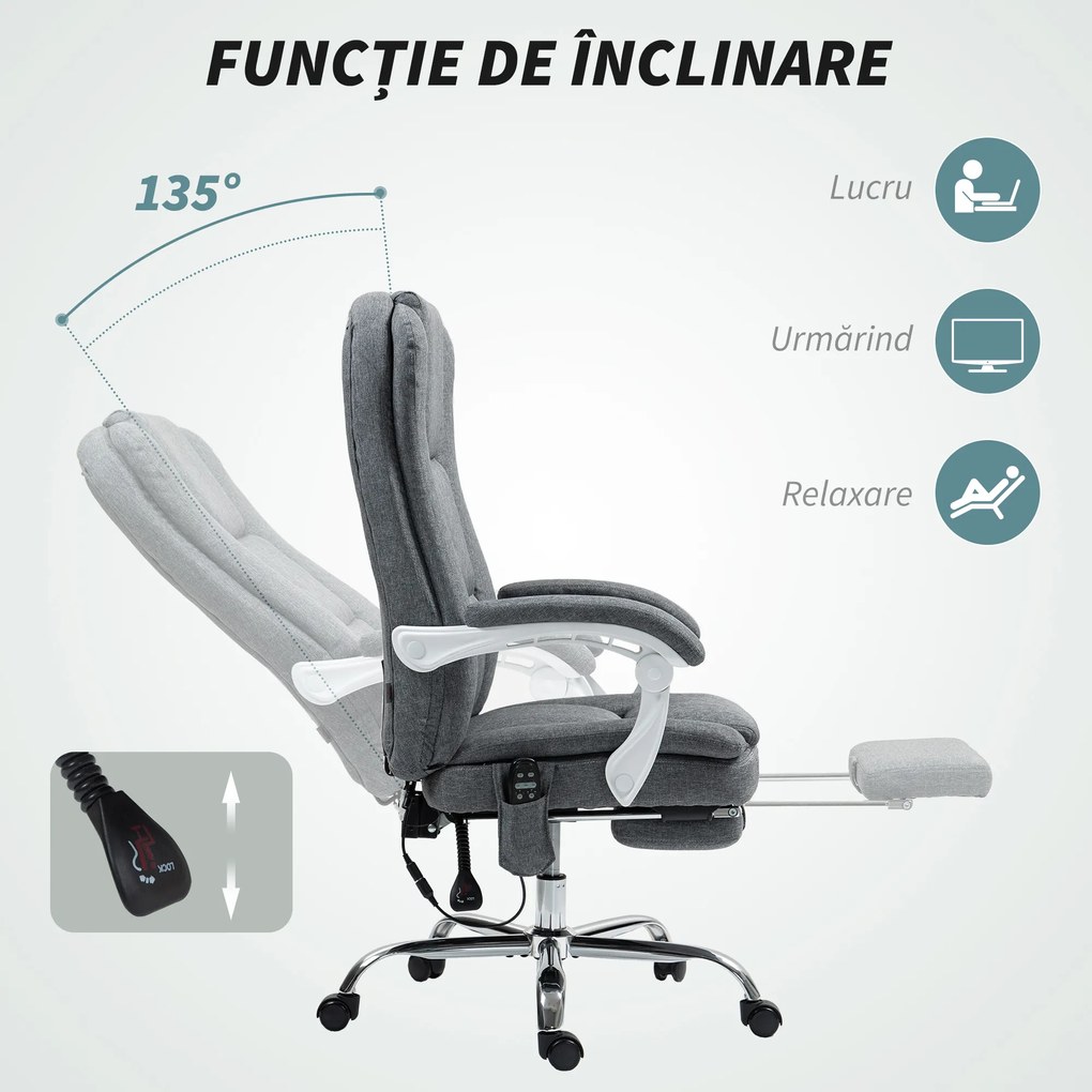 HOMCOM Scaun de Birou Masaj cu 6 Puncte, Încălzire și Suport pentru Picioare, Scaun Ergonomic Rabatabil Rotativ din Stofă Tip In Respirabil cu Telecomandă și Înălțime Reglabilă, Gri | Aosom Romania
