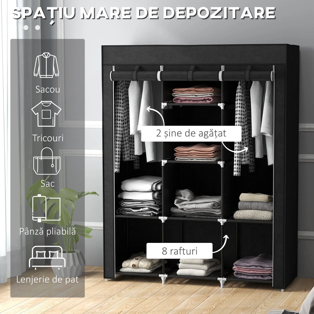 HOMCOM Dulap din Material Textil cu Bază Înălțată, 8 Rafturi și 2 Bare, 125x43x162.5 cm, Gri Închis | Aosom Romania